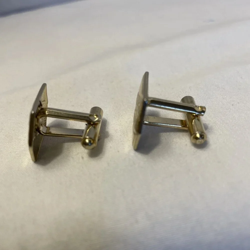 Mid Century Hexagon Scroll Design Cufflinks Vintage Gold Tone Bullet Backing